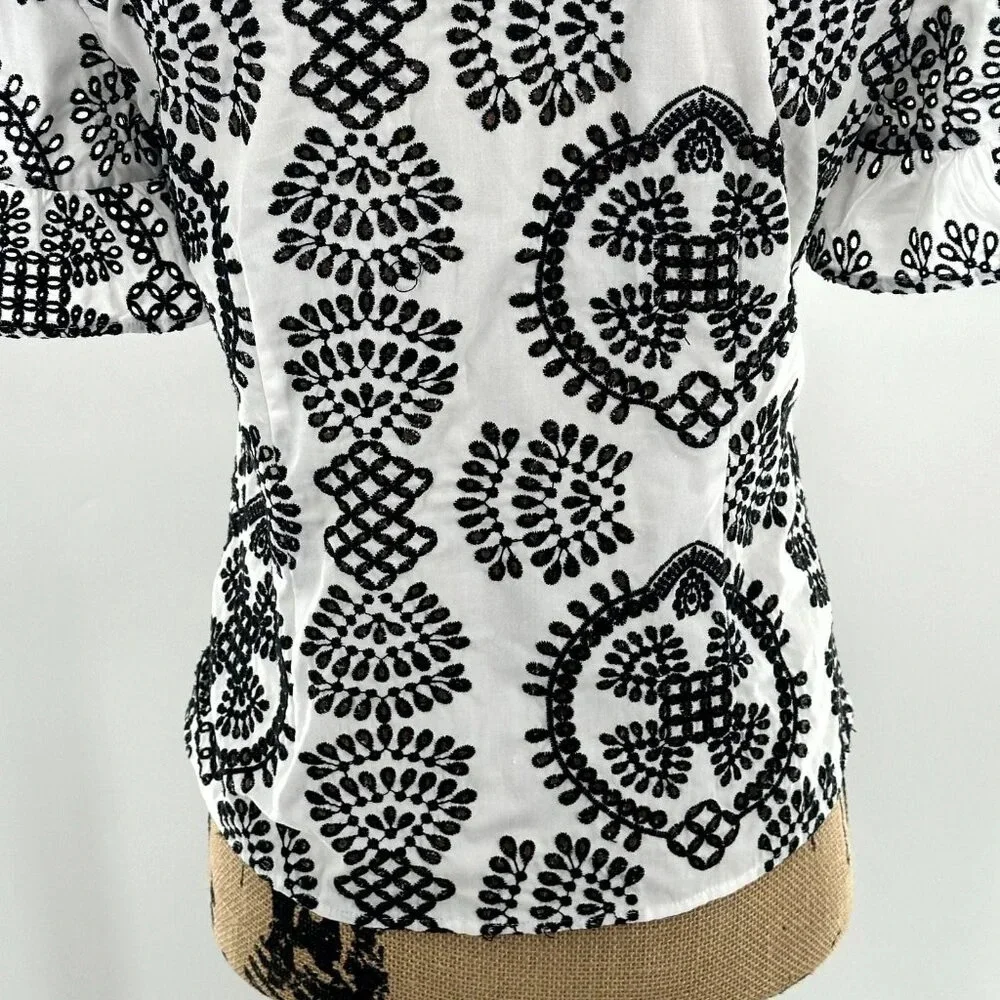 Zara Top Womens Small S‎ Embroidered Black Puff Flare Short Sleeve Blouse Boho